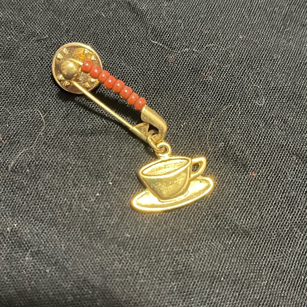 Vintage Gold and Brown Beaded Safety Pin Teacup Brooch Barista Fika Flare